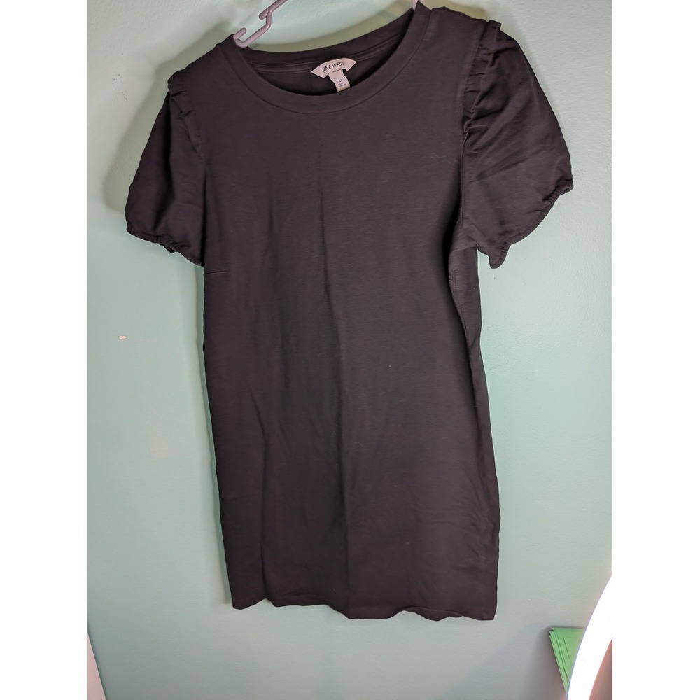 Nine West Womens Black Puff Short Sleeve Ruffle Shoulder Cotton Knit Top Large‎